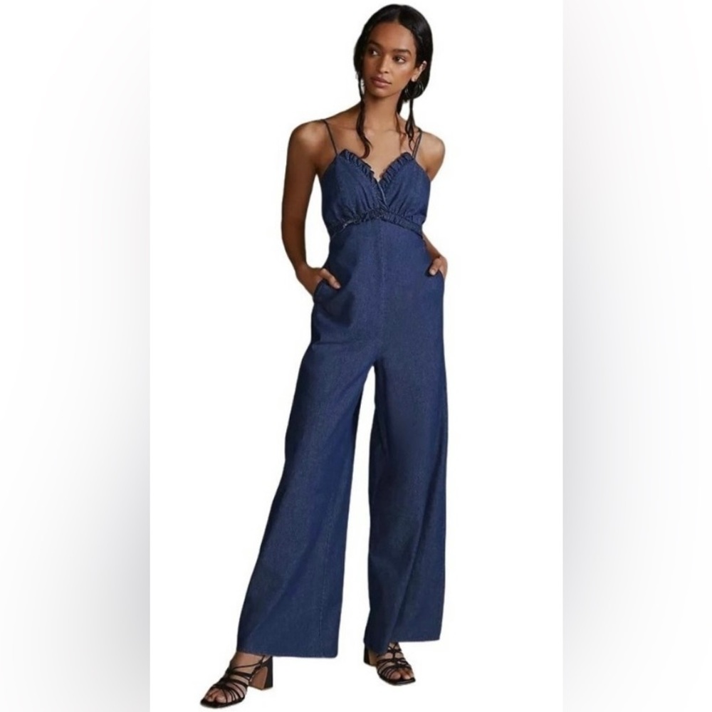 NWT ANTHROPOLOGIE LaBiz RUFFLED DENIM JUMPSUIT SIZE L